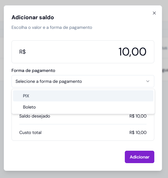 Modal de adicionar saldo com opção de pagamento via PIX ou boleto
