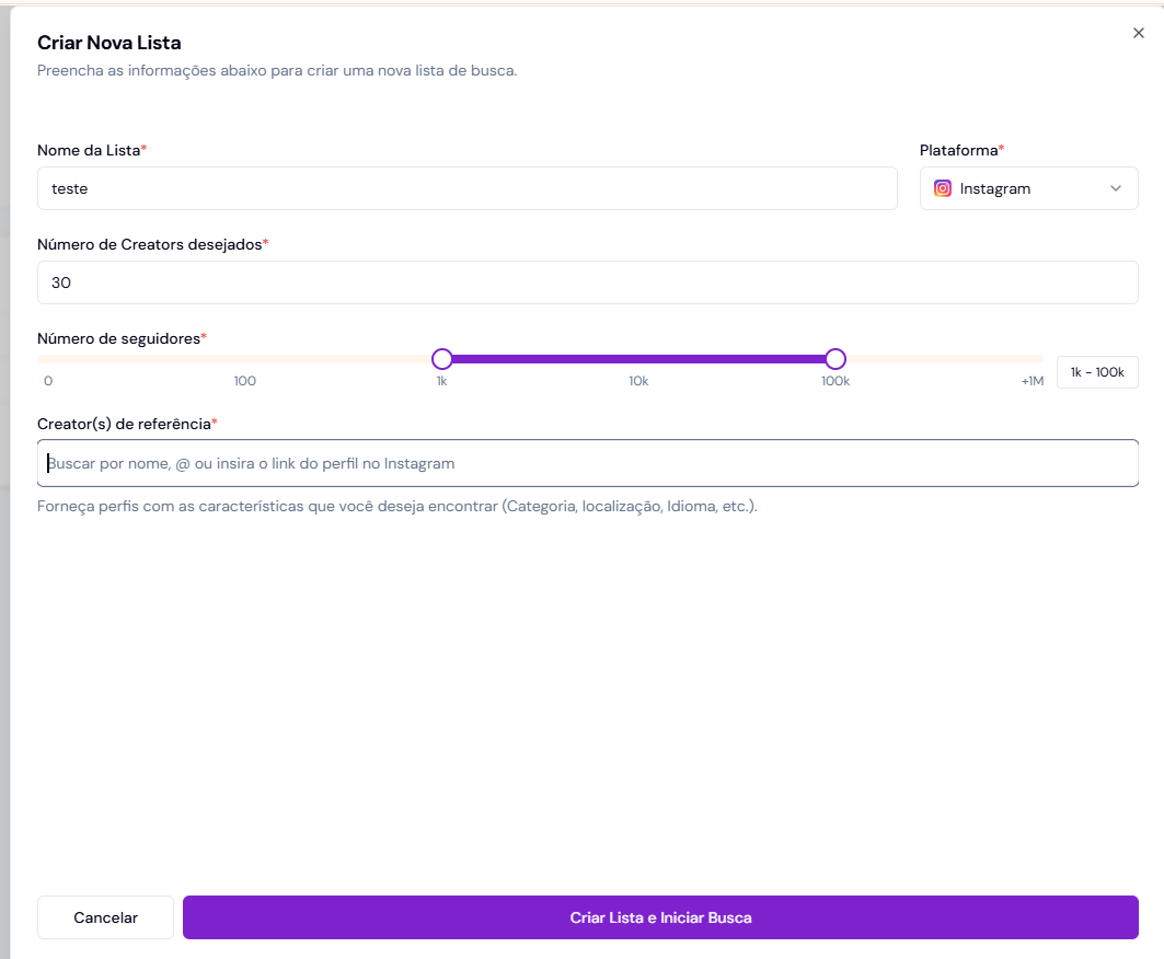 Modal de criação de lista com o filtro de intervalo de seguidores